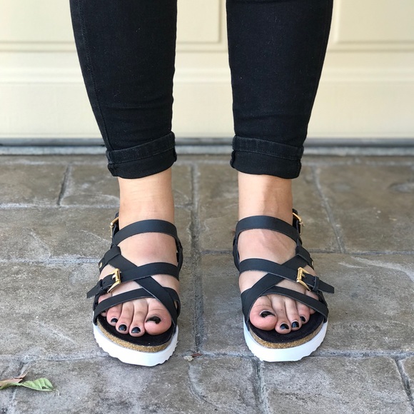 Black Cork Thick Flatform Strappy Sandals - Picture 2 of 7